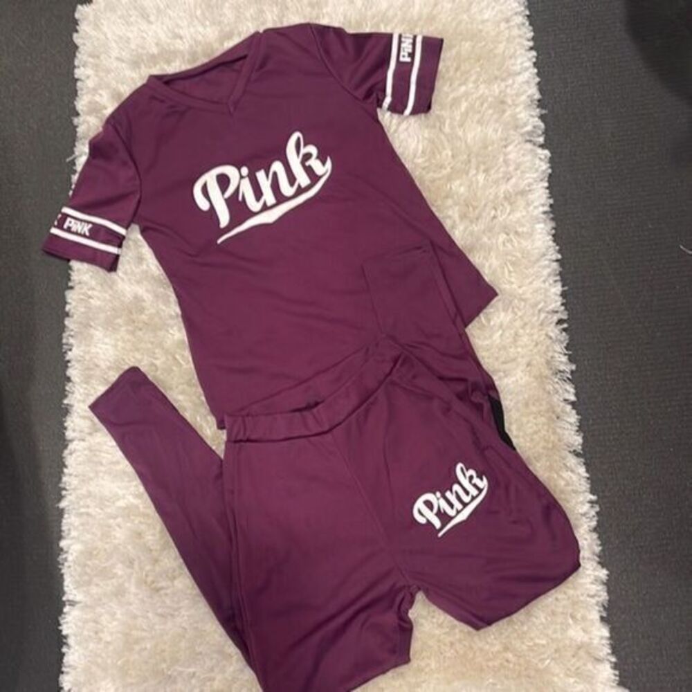 Stripe Letter Print Mesh insert Casual 2 Piece Sport Outfit Purple Size S‎